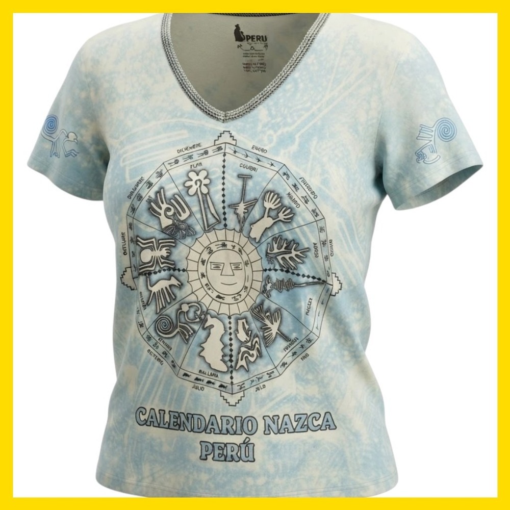 Rufyar's Peru Calendario Nazca Graphic Tee Blue Acid Wash Cotton V-Neck Large